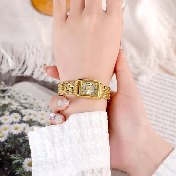 Vintage Gold Silver Women's Watch Rectangular Dial Stainless Steel Band Elegant - Picture 5 of 6